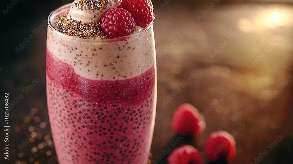 Sticker   Raspberry smoothie in tall glass with raspberries beside