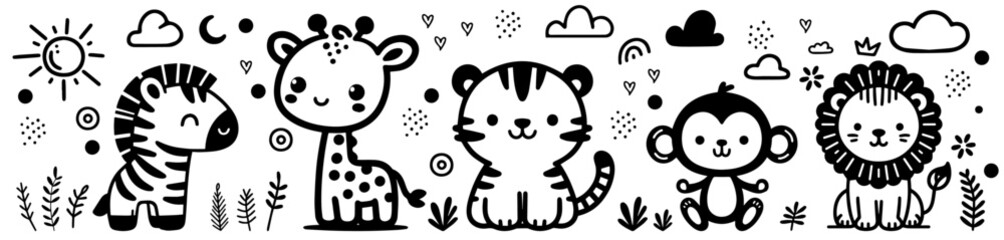 cute wild animals in a playful nature landscape with hearts and sun in black vector