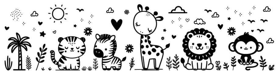 playful cartoon jungle animals and nature scene for kids in black vector © Luka
