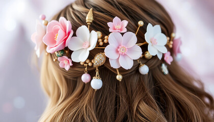 Naklejka premium Detailed back view of a woman's head adorned with a floral hairpiece featuring decorative beads and skull charms, capturing a blend of beauty and edgy style.