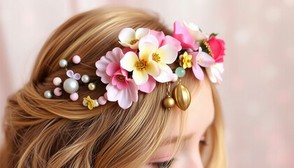 Naklejka premium Detailed back view of a woman's head adorned with a floral hairpiece featuring decorative beads and skull charms, capturing a blend of beauty and edgy style.