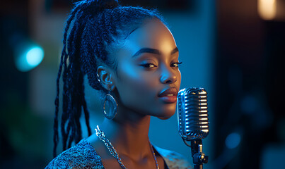 Woman with dreadlocks is singing into a microphone