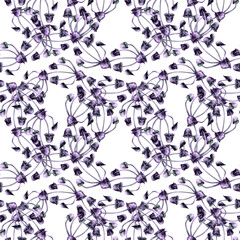 Seamless pattern with purple toadstools. Watercolor illustration of magic mushrooms in a realistic style on a white background. Template design element for Halloween prints, fairy tales