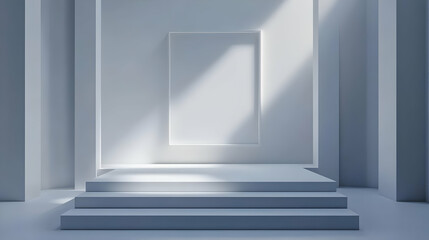 3D Rendering of a White Room with a White Frame and a White Staircase