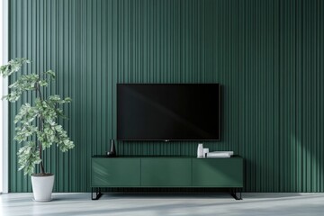 Scandinavian Style Living Room with Green Wall, TV Cabinet, and Modern Furniture
