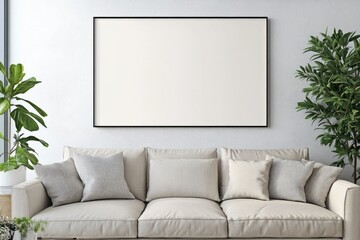 Fototapeta premium Minimalist Living Room with White Canvas Poster and Sofa in Bright Modern Interior