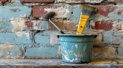 A paintbrush and a paint roller are resting in a blue paint bucket in front of a brick wall.