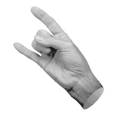 Rock fingers, horns, hand gesture, sign. Halftone style vector isolated on white background.