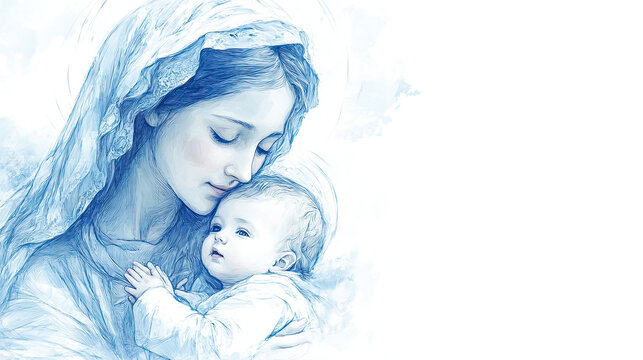 Madonna and Child with Halo in Blue Hand-Drawn Art
