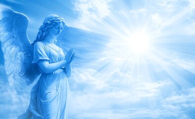 Obraz premium A blue angel with wings and a crown is standing in front of a blue sky. angel is surrounded by a bright light, which gives the image a sense of hope and positivity. heavenly concept. Blue background