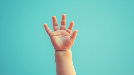 Innocent Baby Hand Reaching Up Towards the Sky on a Soft Blue Background, Symbolizing Curiosity and Wonder Generative AI