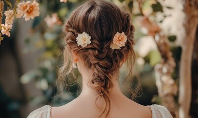 A woman with a flowery headband and a flower in her hair