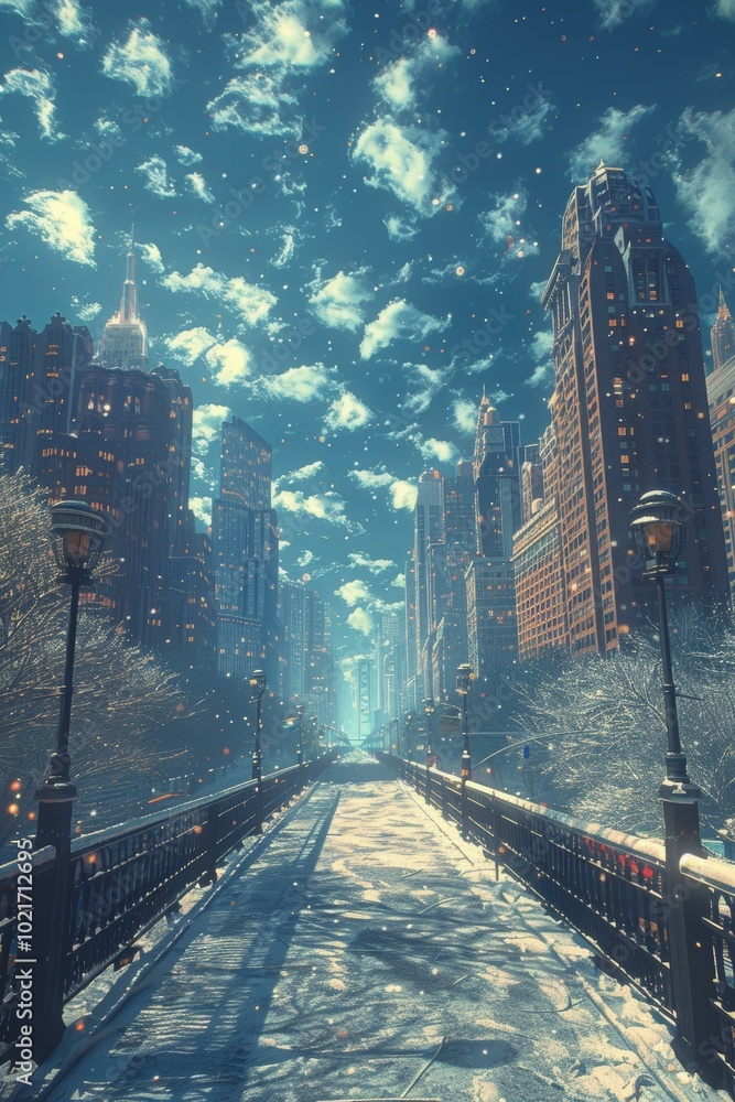 Wall mural Winter Snowy Cityscape Bridge Illustration