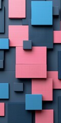 3D rendering of a geometric pattern of blue and pink squares