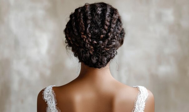 A woman with braided hair is wearing a white dress