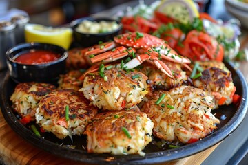 Fototapeta premium Gourmet crab cakes being served on a plate with garnish, sauces, and sides
