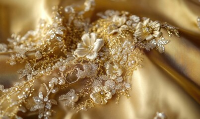 A gold fabric with flowers and pearls on it