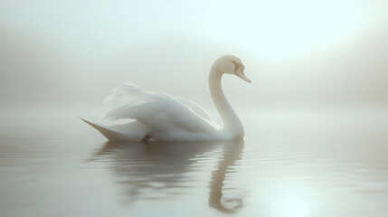 Obraz premium White Swan in Misty Lake - Illustration