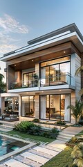 Fototapeta premium Modern Two-Story House Exterior Design Illustration
