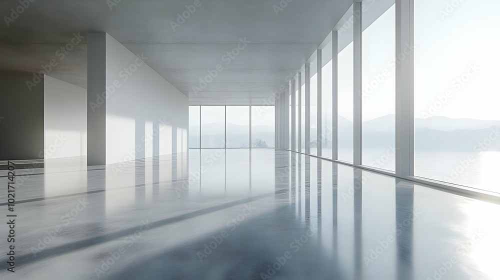 Poster modern architecture: empty room with large windows and view of mountains and water 3d illustration