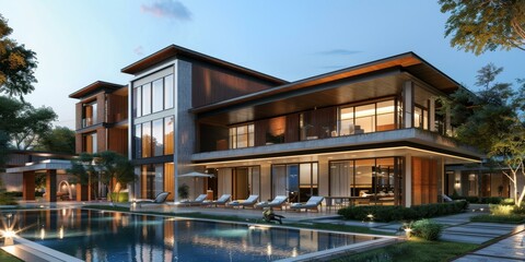 Fototapeta premium Modern Mansion Exterior with Pool and Landscaping