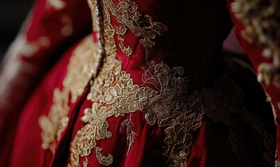 A red dress with gold embroidery on the back