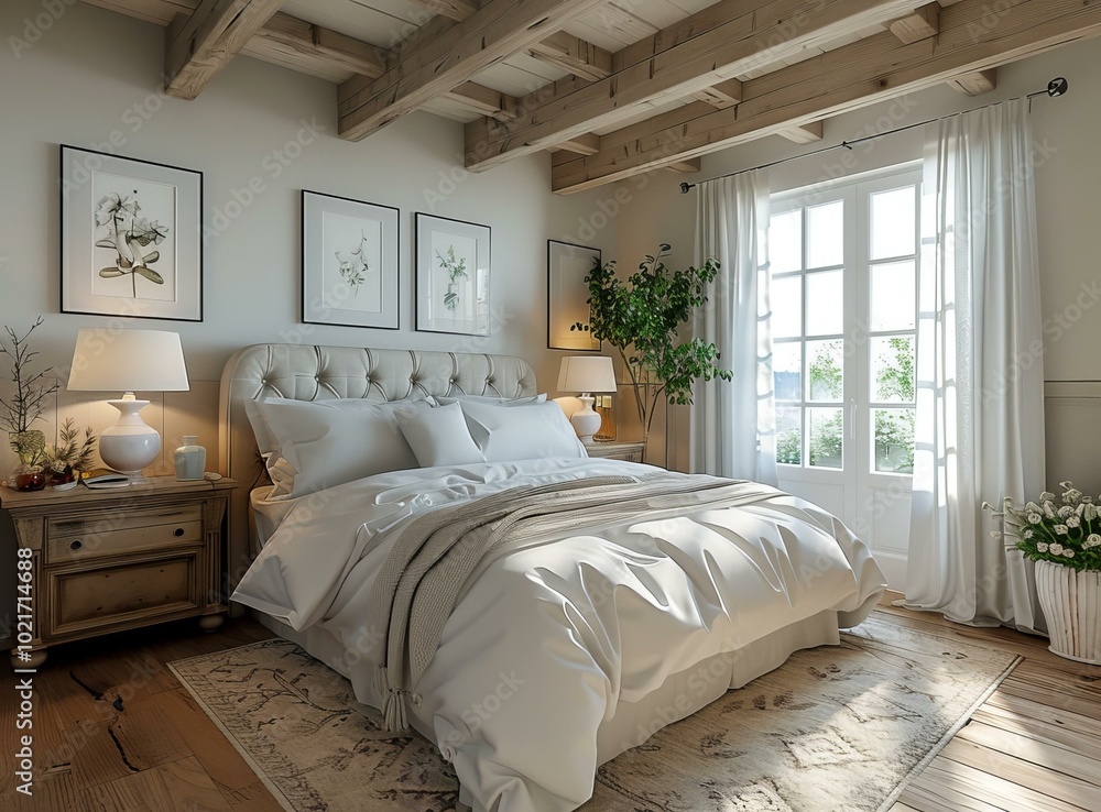 Poster Cozy Farmhouse Bedroom Interior Design