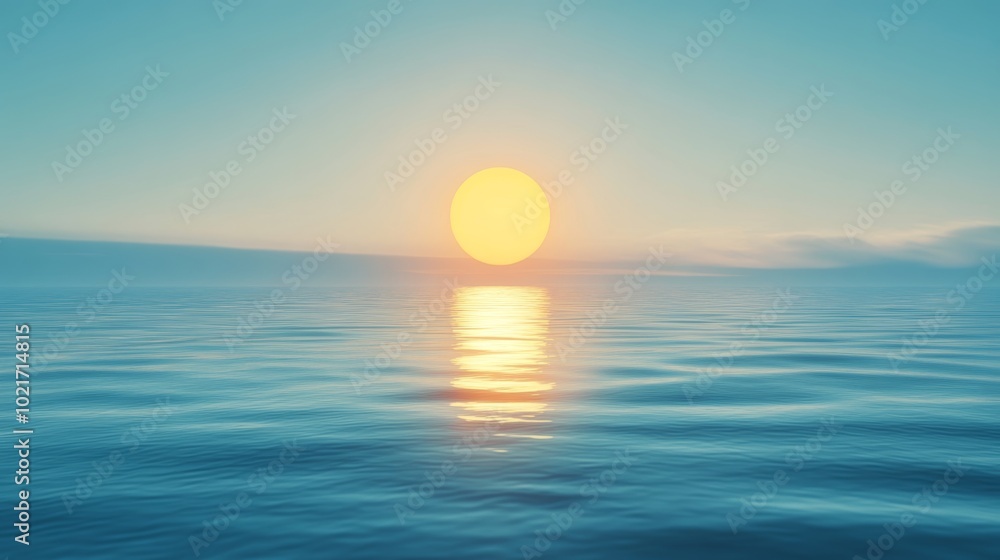 Poster serenity scene: a calm ocean with a glowing sun on a soft blue gradient background, ideal for text o