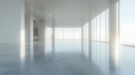 Empty White Room with Large Windows and Reflections on the Floor - 3D Illustration