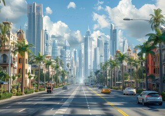Obraz premium Futuristic City Street with Palm Trees and Skyscrapers