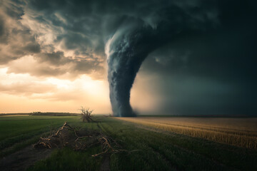 A dark, twisting funnel cloud descending from a stormy sky, tearing through a rural landscape, uprooting trees, and lifting debris into the swirling vortex