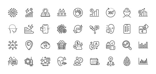 Psychology, Coronavirus and Line graph line icons pack. AI, Question and Answer, Map pin icons. Augmented reality, Puzzle, Analytics web icon. Vr, Sun energy, Consumption growth pictogram. Vector