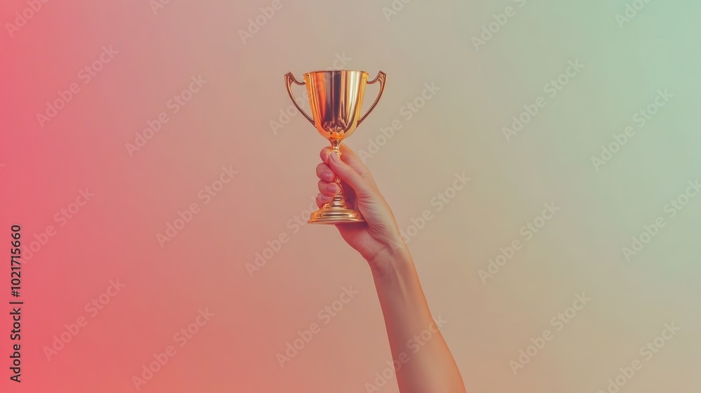 Aufkleber a hand lifting a winner's cup high against a soft grey gradient background with space for copy gener
