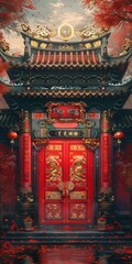 Fototapeta premium Ancient Chinese Architectural Style Gate Illustration
