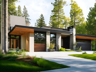 Fototapeta premium Modern Forest Retreat: A Blend of Nature and Contemporary Architecture