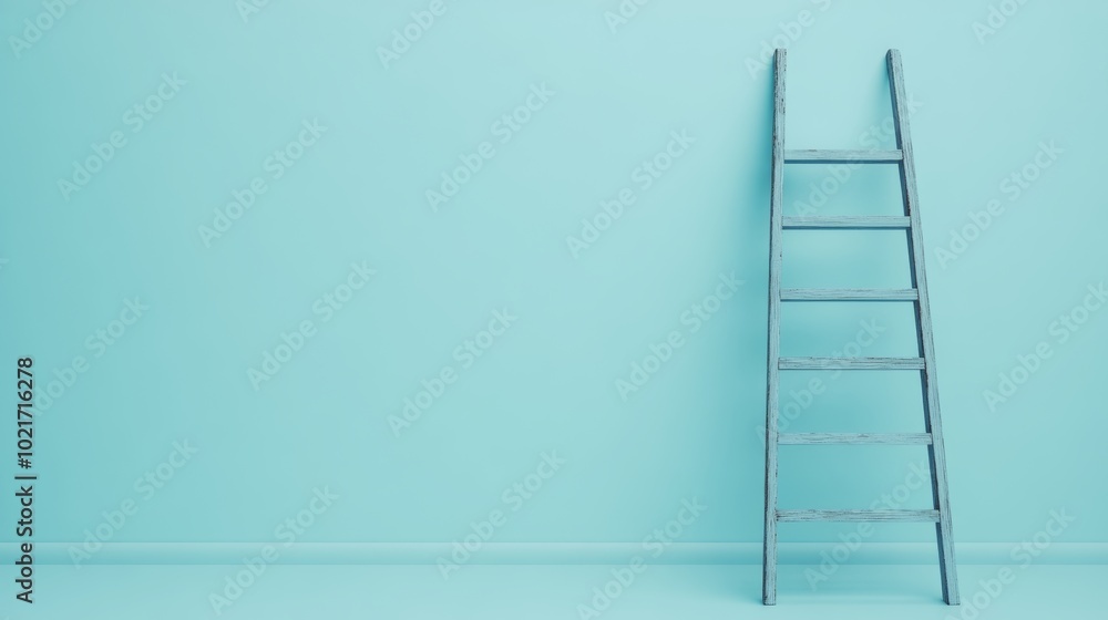 Poster minimalist ladder leaning against a wall on a soft light blue background symbolizing upward progress