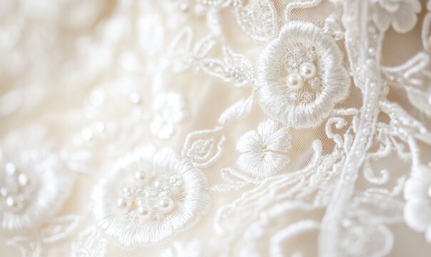 Fototapeta A close up of a white lace dress with flowers embroidered on it