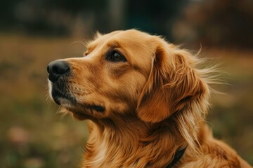 Majestic golden retriever with a serene and thoughtful expression in a closeup profile. Showcasing the beautiful warm colors of its furry ear and attentive nature