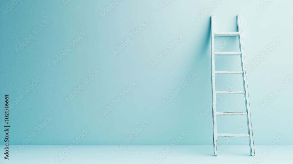 Poster minimalist ladder leaning against a wall on a soft light blue background symbolizing upward progress