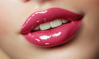Fototapeta premium A woman's lips are painted with a bright pink lip gloss