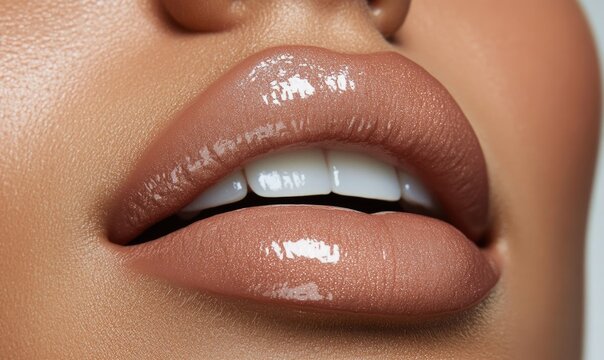 A woman's lips are painted with a shiny, glittery lip gloss