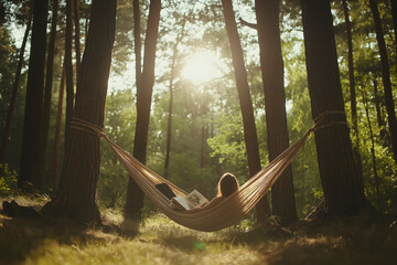A hammock strung between two tall trees, gently swaying in the breeze