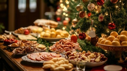 Fototapeta premium Festive holiday spread featuring assorted delicacies and decorations around a beautifully lit Christmas tree