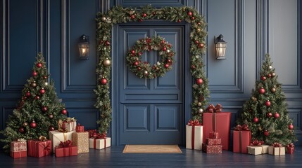 Elegant Christmas entrance decorated with wreaths, lanterns, and ornaments against a navy blue background, capturing the festive and inviting holiday spirit