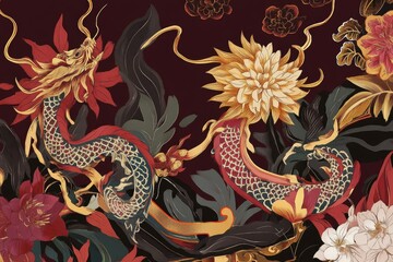 Obraz premium Traditional Asian Art with Dragons and Floral Background Design for Prints and Decor