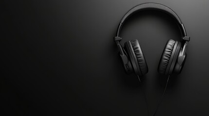 A pair of headphones hanging from the top on a black gradient background with space below, perfect for music or audio related concepts Generative AI