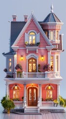 Fototapeta premium Pink Victorian Dollhouse Detailed Exterior