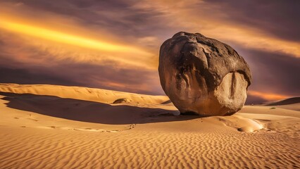 Large boulder on sand dunes at sunset with dramatic sky
