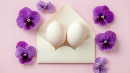  Top view of a minimalistic composition featuring an open envelope with two eggs and purple pansy flowers on a pastel background
