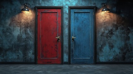  Photorealistic high-resolution image of a red and blue door in an empty room with metal frames, black trim, concrete floor, and dramatic lighting.